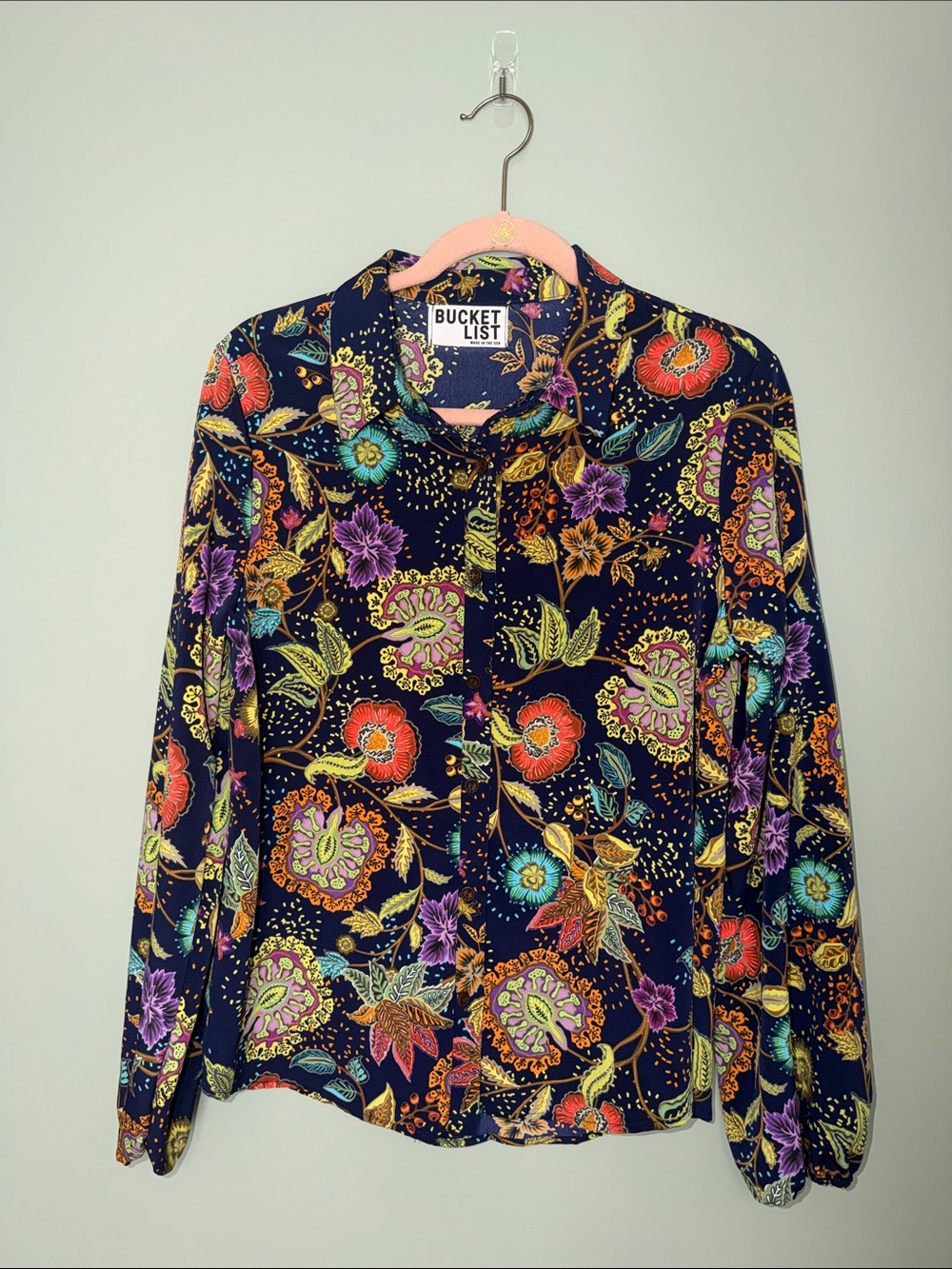 BUCKETLIST Navy Floral Button-Down Shirt with Multi-Color Blooms